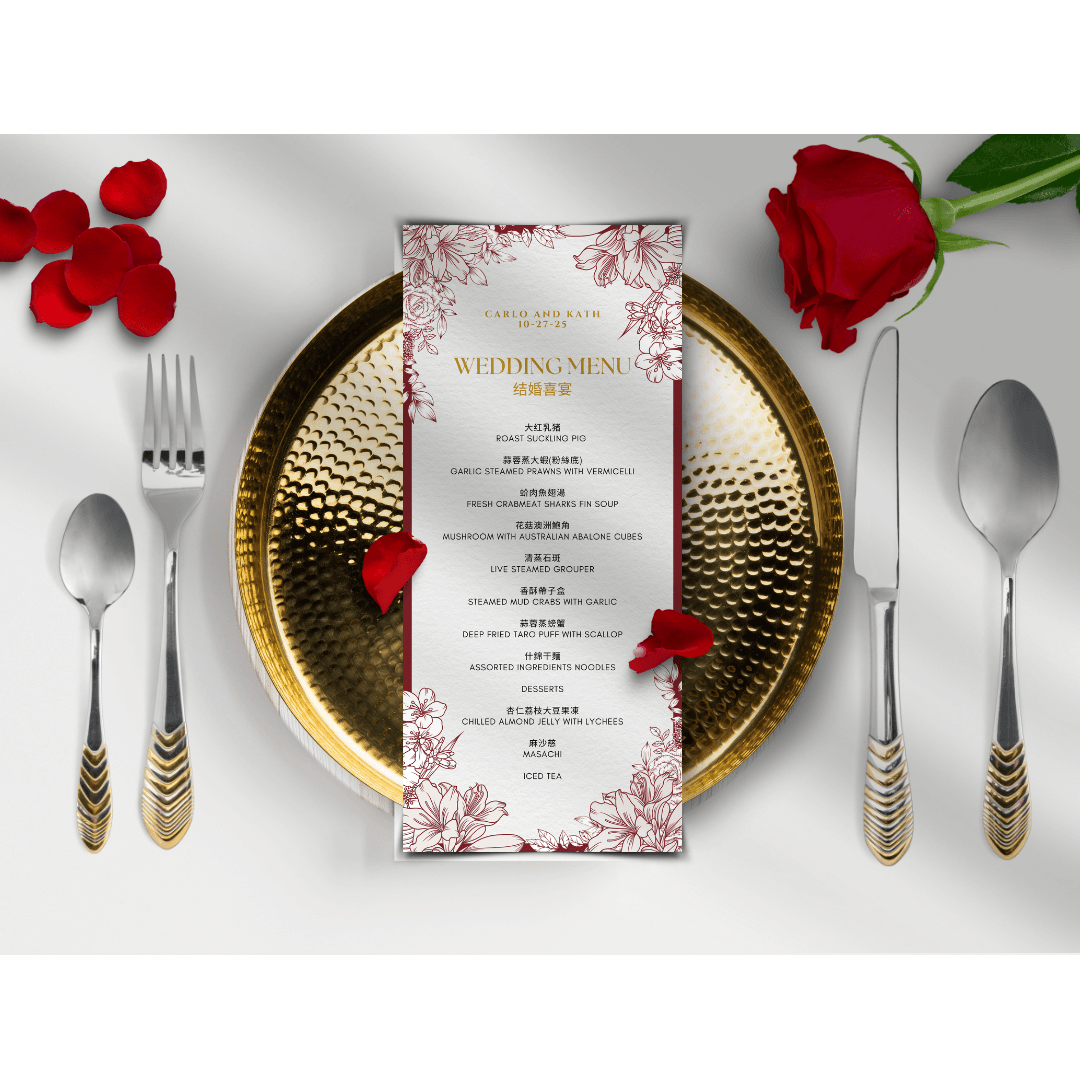 Red And Gold Wedding Menu Isabelle Personalised Guest Menu Pure
