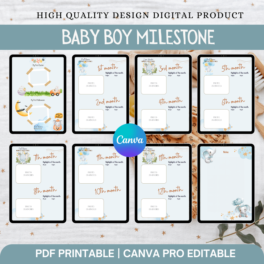 Printable Baby Boy Month By Month Baby Milestone Cards ( Months )