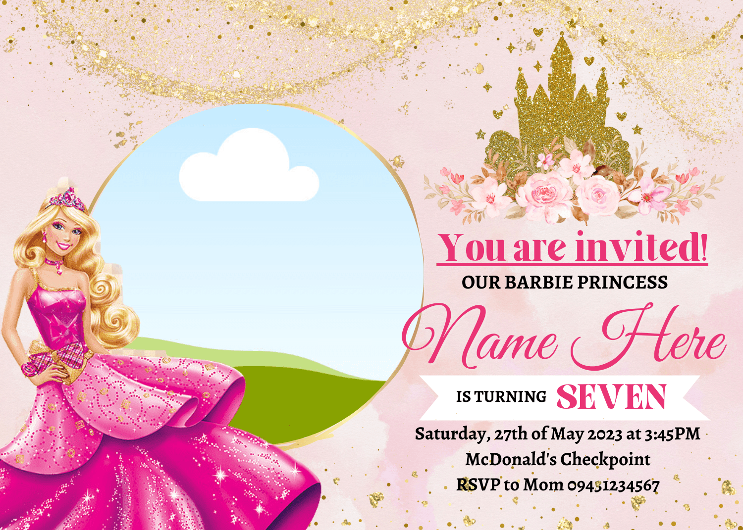 Printable Barbie 7th Birthday party invitation template by roucmella Raket.PH