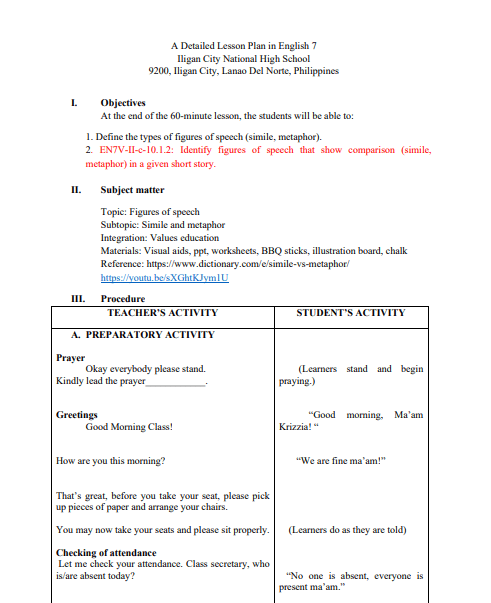 Detailed Lesson Plan In English For Kindergarten Lesson Plan For