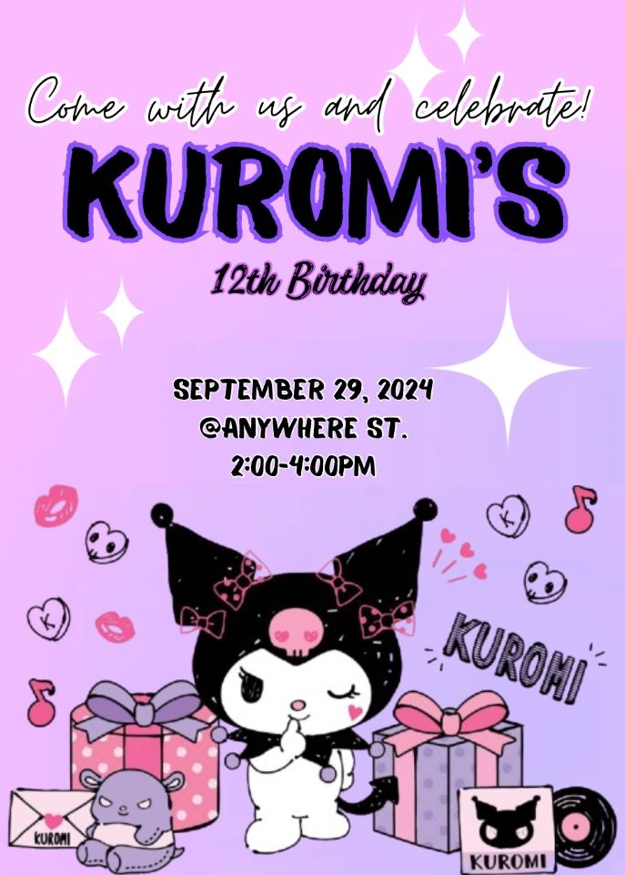 KUROMI THEME: Invitation for your kids, download editable and printable canva template. by dindinalonzo22 - Raket.PH kuromi-theme-invitation-for-your-kids-download-editable-and-printable-canva-template-by-dindinalonzo22-raket-ph