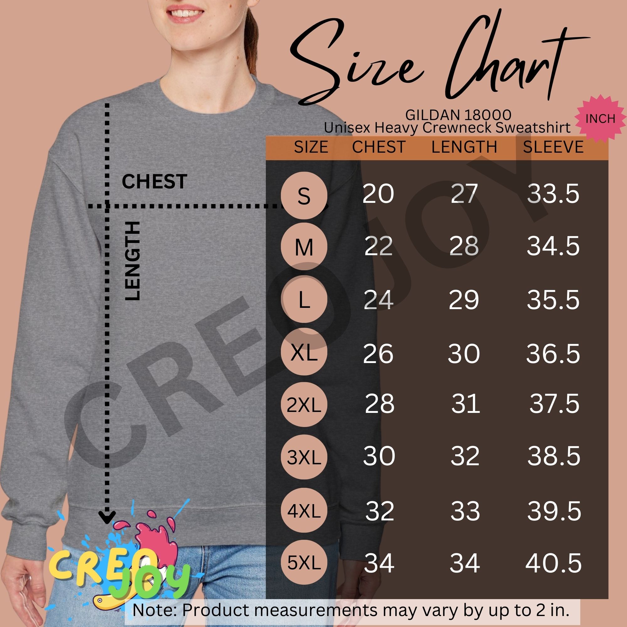 Gildan 18000 Unisex Heavy Blend Crewneck Sweatshirt Size Chart in inches Digital Download by markgenodia Raket.PH