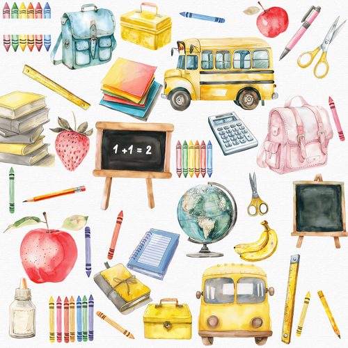 School Supplys Clip Art Pack Back To School Kawaii Clipart PNG Bundle